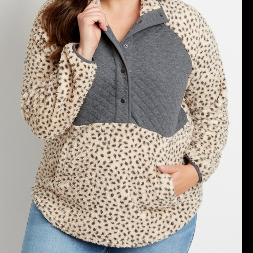 Maurices 3X Plus Size Leopard Quilted Snap Front Sherpa Pullover Sweatshirt